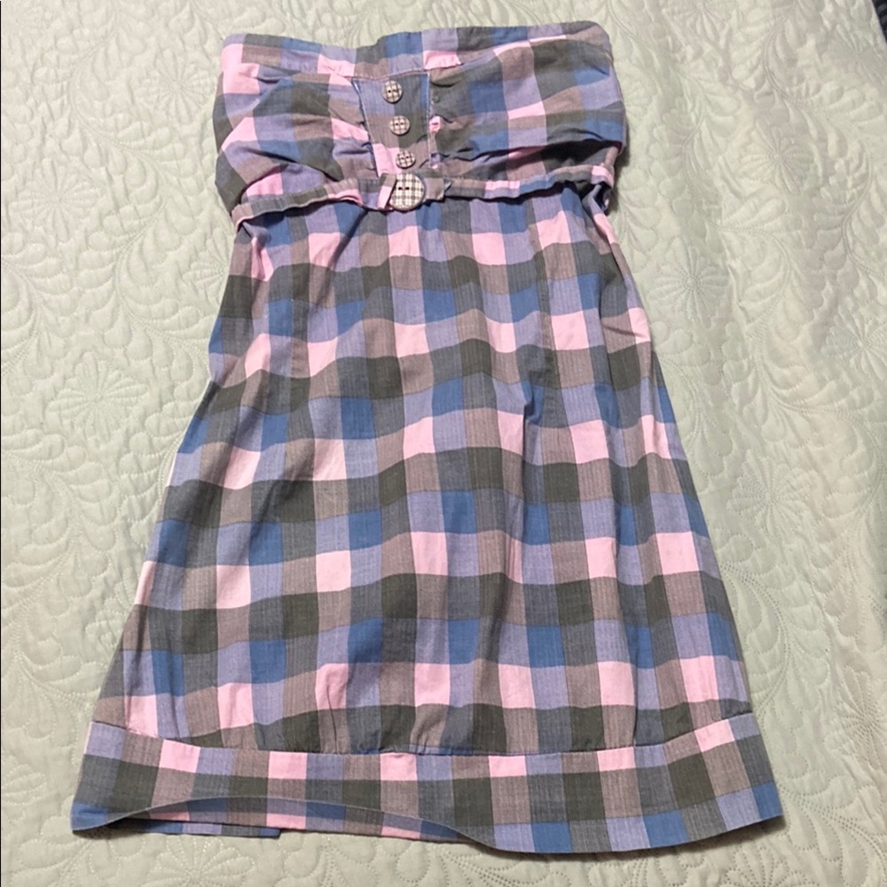 Plaid Strapless Dress in Pink and Blue